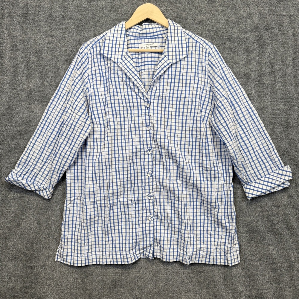 Foxcroft Size 16W Shaped Button Shirt White Blue Plaid Gingham Roll Up Sleeve